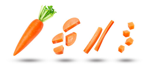 Flying carrot with slices collection and shadow isolated on white background , clipping path.