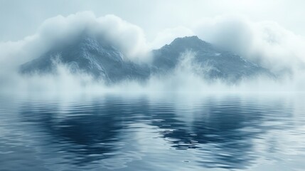 Fototapeta premium Misty mountain peaks reflected in a tranquil lake, creating a serene and ethereal scene.