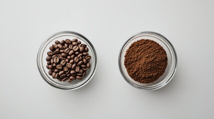 Two bowls of coffee beans and coffee powder