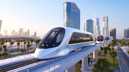 Fototapeta premium Futuristic Train Traveling Through Cityscape.