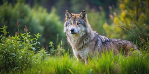 Fototapeta premium Wolf standing amidst bushes and grass , wildlife, predator, nature, animal, wilderness, forest, wild, carnivore, creature