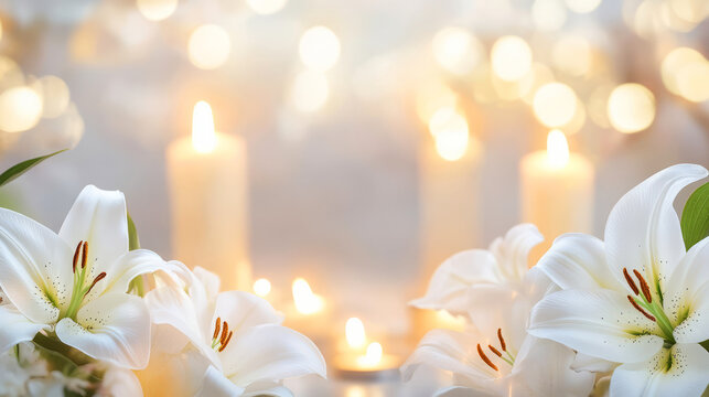 White Lilies And Candles On A Soft, Blurred Background. Perfect For Sympathy Cards, Memorial Services, Or Funeral Arrangements.