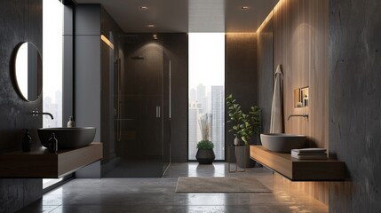 A contemporary bathroom with a walk-in shower, sleek fixtures, and a minimalist design