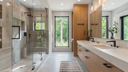 A contemporary bathroom with a walk-in shower, sleek fixtures, and a minimalist design