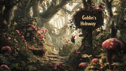 Fototapeta premium Enchanted Goblin Forest Path with Red Mushrooms