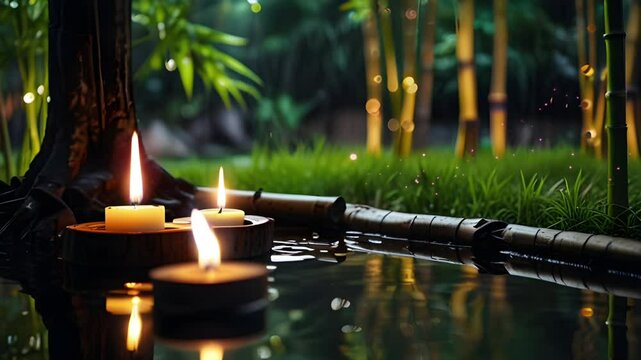 A candle is lit on the river bank with some bamboo trees. Relaxing and comfortable atmosphere. Seamless 4K looping timelapse video animation background