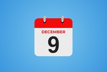 Icon calendar day. 9 December. 9th days of the month, illustration style. Date day of week Sunday, Monday, Tuesday, Wednesday, Thursday, Friday, Saturday.