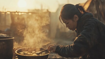 Obraz premium Woman Cooking Food in a Pot on a Stovetop Outdoors