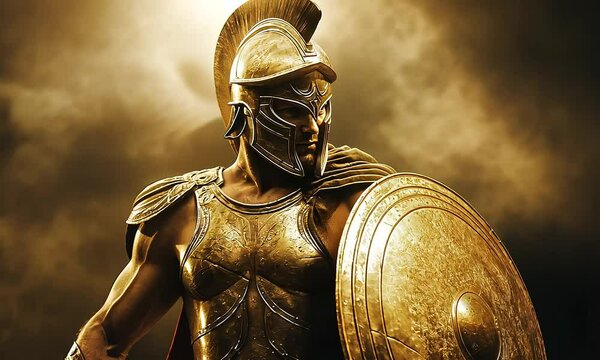 Ancient warrior in golden armor with shield with ai generated.
