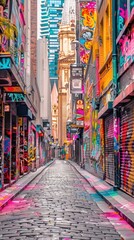 Fototapeta premium Colorful alleyway with graffiti and cobblestones.
