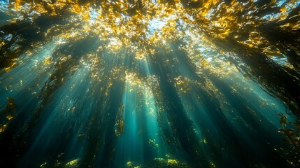 Fototapeta premium Sunbeams Illuminating Kelp Forest Underwater