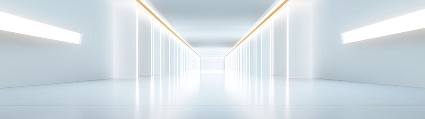 Fototapeta premium White Corridor with Bright Fluorescent Lights and Gold Trim
