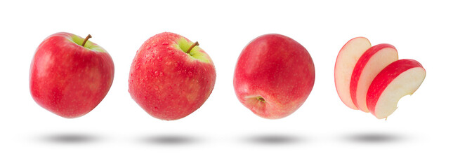 Flying red apple (pink lady apple) collection with slice apple isolated on white background. Clipping path.