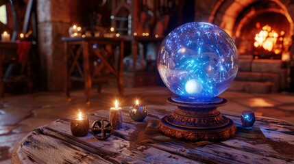 Crystal Ball on Table with Candles.