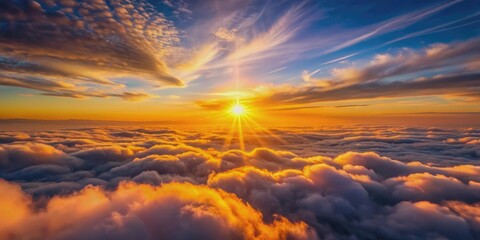 Aerial shot of vibrant sunset clouds with the glowing sun , aerial, shot, above, beautiful, sunset, clouds, sun, sky, orange, pink