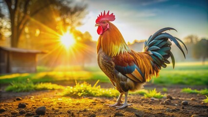 Fototapeta premium Rooster standing proudly in the farm with sunlight shining on its colorful feathers, farm, animal, livestock, poultry