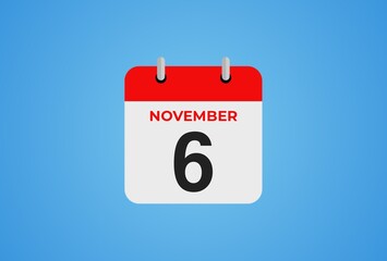 Icon calendar day. 6 November. 6th days of the month, illustration style. Date day of week Sunday, Monday, Tuesday, Wednesday, Thursday, Friday, Saturday.