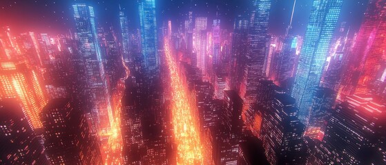 Fototapeta premium Futuristic Cityscape with Neon Lights and Skyscrapers