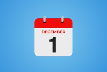 Icon calendar day. 1 December. 1th day of the month, illustration style. Date day of week Sunday, Monday, Tuesday, Wednesday, Thursday, Friday, Saturday.