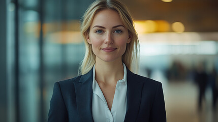 Fototapeta premium a woman in a business suit with blonde hair, slight smile looking at the camera