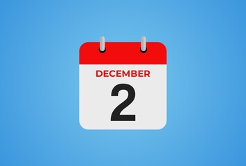 Icon calendar day. 2 December. 2th days of the month, illustration style. Date day of week Sunday, Monday, Tuesday, Wednesday, Thursday, Friday, Saturday.