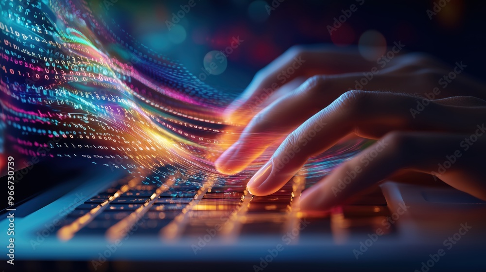 Aufkleber A hand is typing on a laptop keyboard with colorful lines and numbers. Concept of creativity and innovation, as the hand is using the keyboard to input data or code