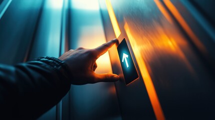 A hand pointing up at a button with an arrow on it. Concept of urgency or importance, as the person is reaching for the button to make a decision or take action