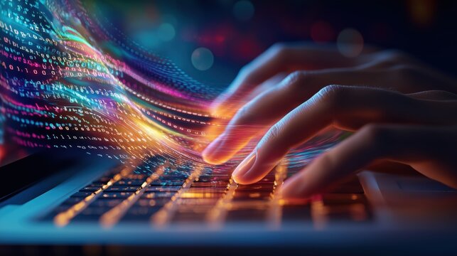 A hand is typing on a laptop keyboard with colorful lines and numbers. Concept of creativity and innovation, as the hand is using the keyboard to input data or code - Powered by Adobe