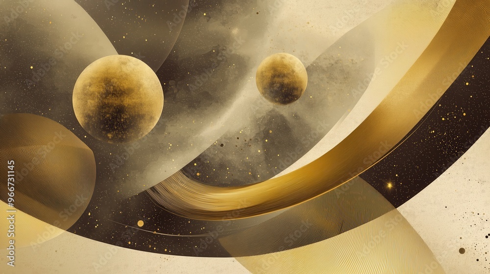 Wall mural a painting of two golden planets in space with a gold and brown swirl. the painting has a dreamy, et