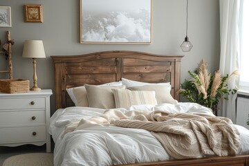 Contemporary bedroom with solid wood queen bed, grey walls, and white furnishings, featuring elegant headboard and stylish lamps.