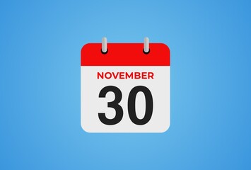Icon calendar day. 30 November. 30th days of the month, illustration style. Date day of week Sunday, Monday, Tuesday, Wednesday, Thursday, Friday, Saturday.