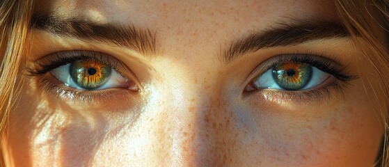 Naklejka premium Close-up of a woman's eyes with freckles and sunlight reflection