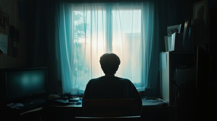 Fototapeta premium A person is sitting in front of a computer monitor with a blue curtain behind them. The room is dimly lit, and the person appears to be staring at the screen. Scene is somewhat somber