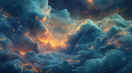 Obraz premium The sky is filled with clouds and the sun is setting. The clouds are orange and yellow, creating a warm and peaceful atmosphere