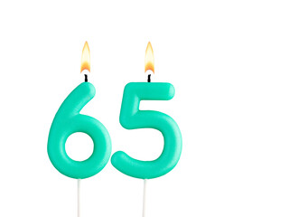 Birthday number 65 - Green birthday candle on white background