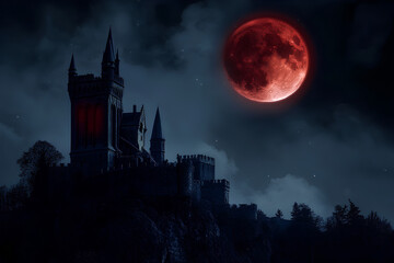 A dark castle silhouetted against a blood-red moon in a moody, atmospheric night scene.