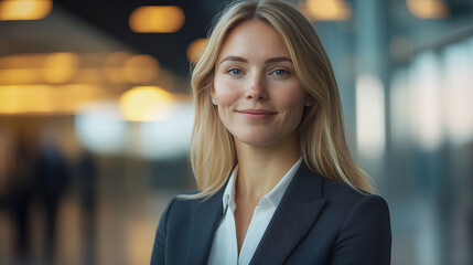 Fototapeta premium a woman in a business suit with blonde hair, slight smile looking at the camera