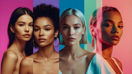 Fototapeta premium Collage showing four beautiful woman of different age and nationality against multicolored gradient background in neon light, Diverse beauty. Concept of female beauty, cosmetology.