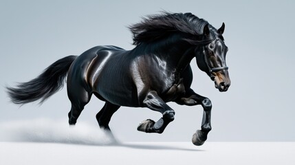 Fototapeta premium A majestic black horse gallops gracefully, showcasing strength and elegance against a soft, neutral background.