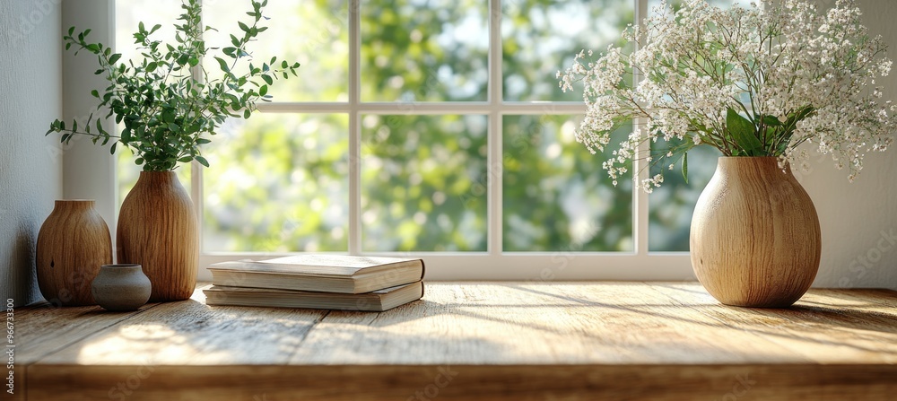 Poster Wooden Vases and Books on Windowsill