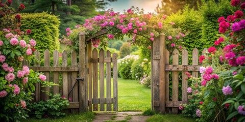 Quaint wooden garden gate with pink flowers and lush greenery in the background