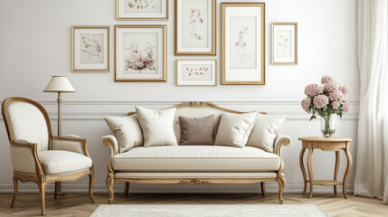 Elegant Interior with Gallery Wall of Frames Above Comfortable Couch and Armchair