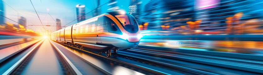 Obraz premium Advanced magnetic levitation train speeding through an ultra-modern landscape, with futuristic buildings and eco-friendly technologies, symbolizing rapid, efficient travel