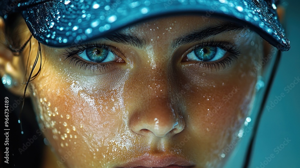 Sticker Close Up Portrait of a Woman with Wet Skin and Blue Eyes