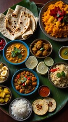 A beautifully arranged platter of traditional vegetarian Indian dishes, including fresh fruits, vegetables, lentils, rice, and flatbread (roti).
