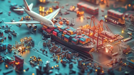 Aerial View of Busy Seaport with Cargo Ships and Cranes at Night