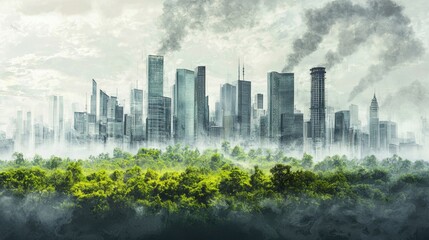 Obraz premium Misty Urban Skyline with Towering Skyscrapers and Downtown Cityscape