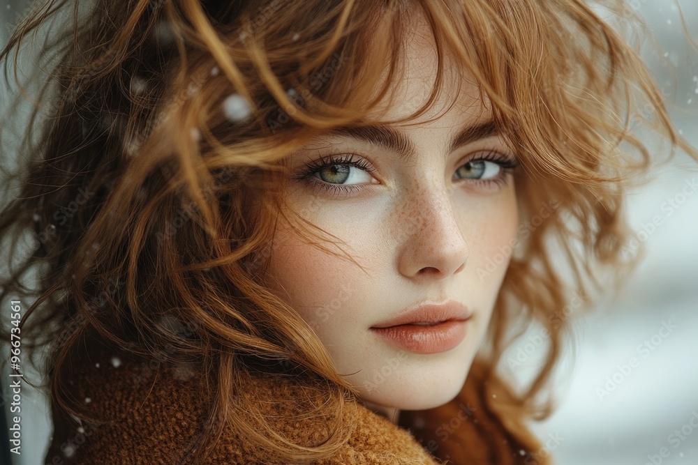 Canvas Prints Close-up Portrait of a Woman with Red Hair in the Snow