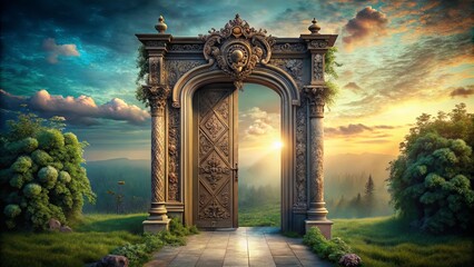 An ornate door frame leading to a fantastical realm blending reality and imagination
