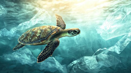 Obraz premium Majestic Sea Turtle Swimming in Serene Ocean Depths